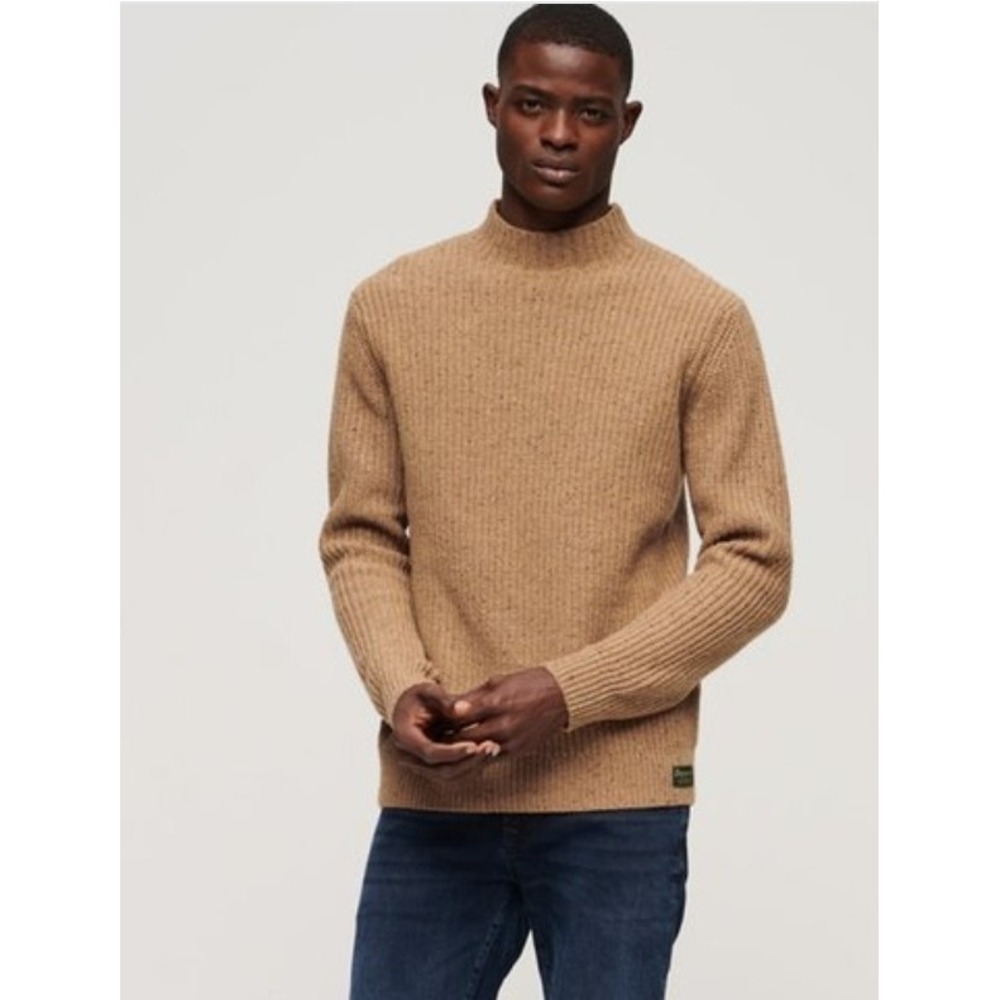 Superdry Wool Blend Tweed Mockneck Jumper Mens‎ Large Sweater Camel Brown Preppy